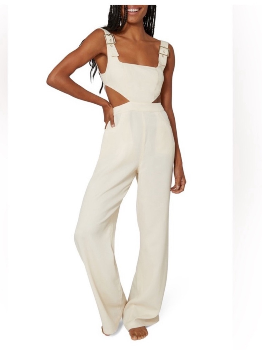 WeWoreWhat Cream Ribbed Cutout Wide Leg Buckle Strap Jumpsuit